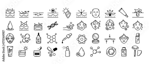 Skincare and beauty icons set in outline style on white background. Concept of facial care, cosmetics, and dermatology. Vector illustration