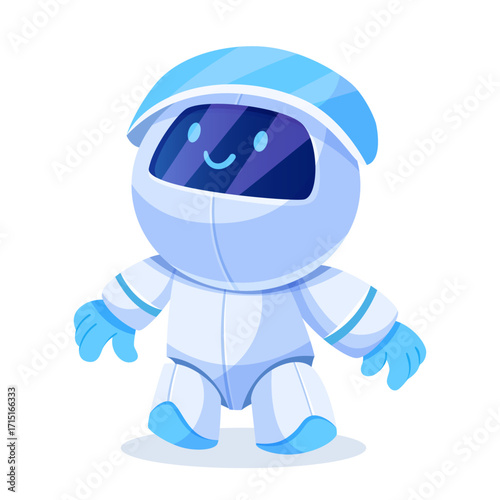 Adorable cartoon robot character wearing a blue and white suit with a smiling face, flat graphic style, isolated on white background. Concept of technology mascot. Vector illustration