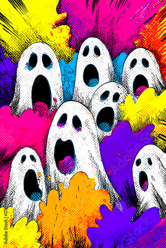 Colorful illustration of multiple ghost figures with open mouths surrounded by vibrant splashes