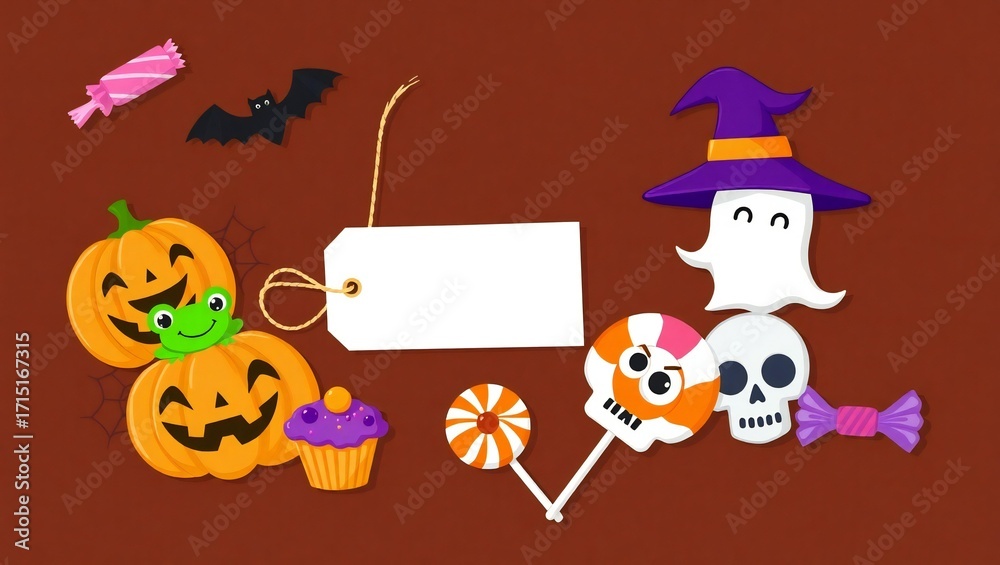 Fototapeta premium Halloween decorations and treats with blank tag for text
