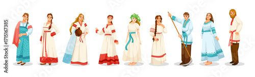 Group of men and women wearing traditional Slavic folk costumes, flat cartoon style, on white background. Concept of traditional culture. Vector illustration