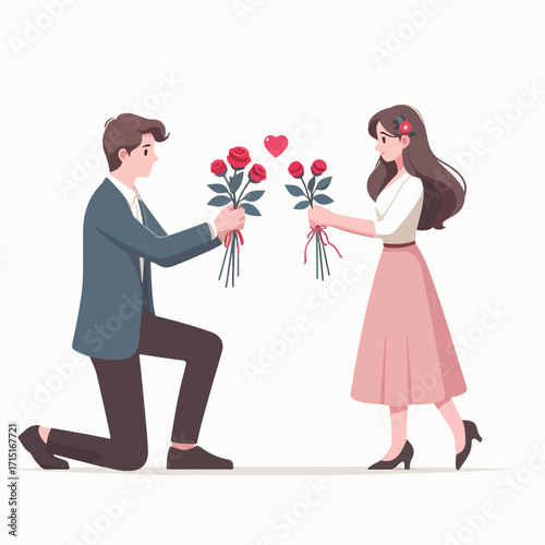 A couple exchanges roses with a simple and minimalist flat design