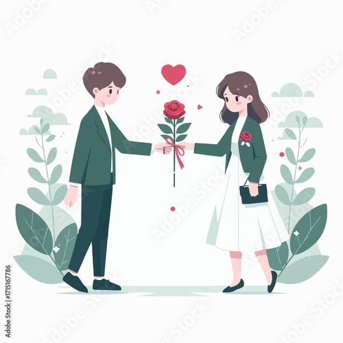 A couple exchanges roses with a simple and minimalist flat design