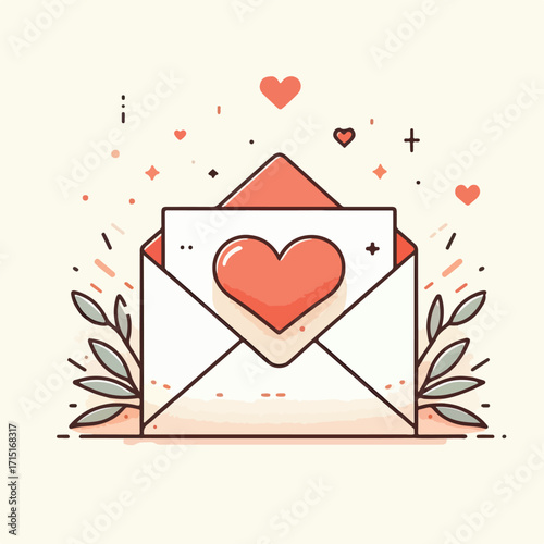 A love letter with a heart envelope with a simple and minimalist flat design using a white background.