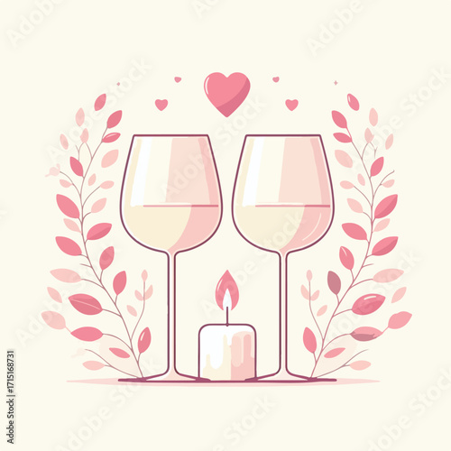 Two glasses of wine in a romantic atmosphere with a simple and minimalist flat design using a white background.