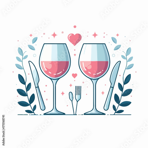 Two glasses of wine in a romantic atmosphere with a simple and minimalist flat design using a white background.
