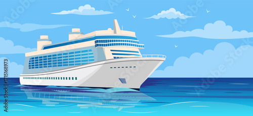 Passenger cruise ship on calm ocean water, flat graphic style, blue sky background, concept of travel and vacation. Vector illustration