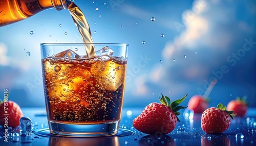 Refreshing Brown Soda Pouring into Glass with Ice and Strawberries