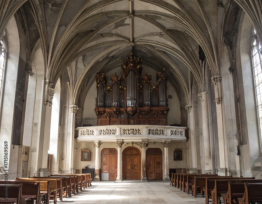 Fototapeta premium Majestic Church Interior with Intricate Organ and Gothic Architecture