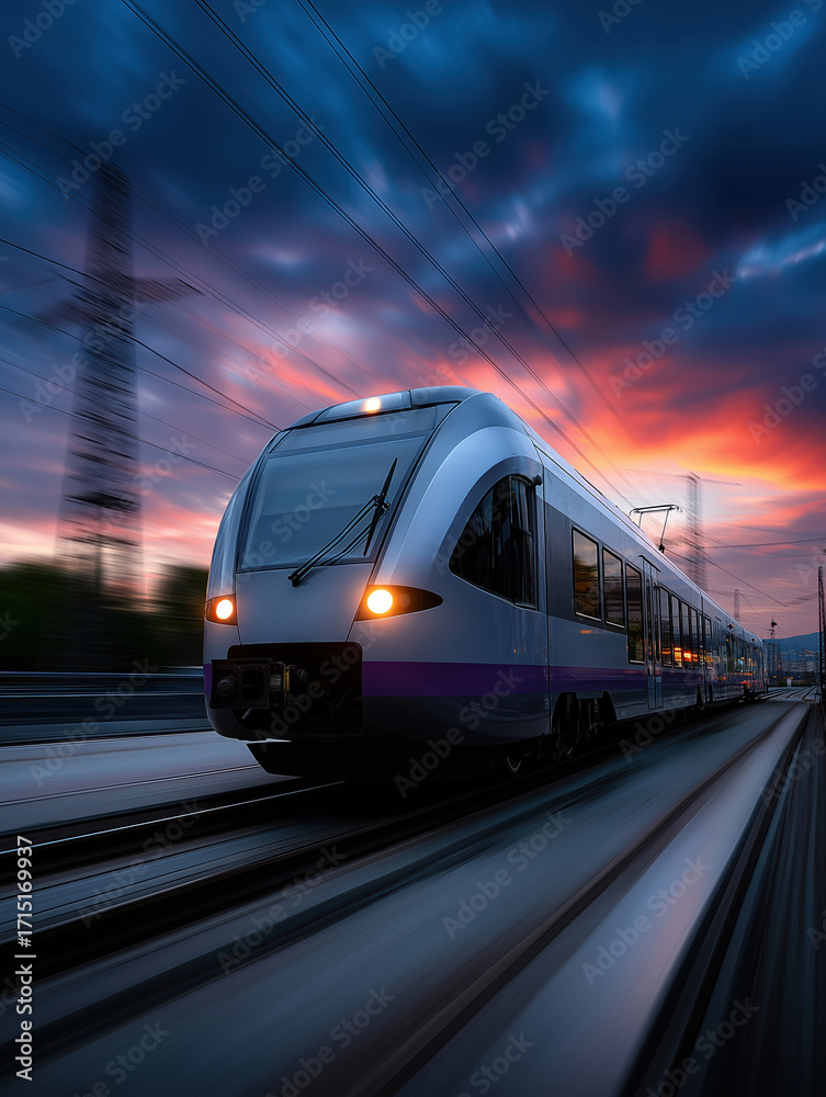 Fototapeta premium High-speed train moving through a scenic landscape at sunset