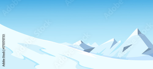 Snow-covered mountains with jagged peaks in minimalist graphic style on a clear blue sky background. Concept of winter, nature, and cold. Vector illustration
