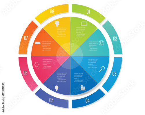 Circular infographic diagram with eight numbered colorful segments and icons, flat graphic style, on a white background. Concept of workflow. Vector illustration