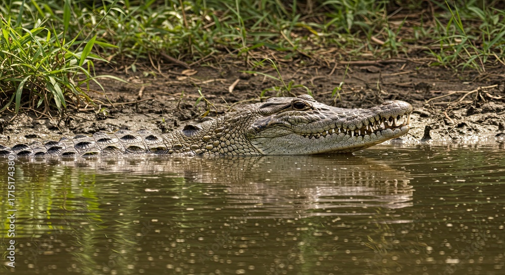 Fototapeta premium Crocodile's Head Emerges from Water, Wildlife Encounter