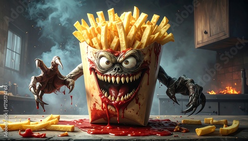 Scary french fries in a bloody bag