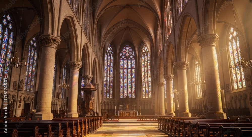 Fototapeta premium Sunlit Interior of a Grand Gothic Church with Stained Glass Windows and Arches.