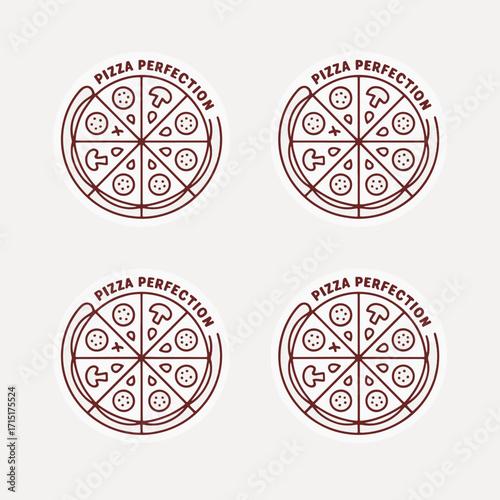 Four identical pizza perfection logos with line art pizza slices and text food italian