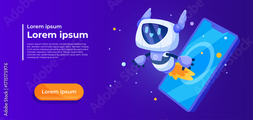 Cartoon-style flying robot with wings launching from a smartphone on a vibrant purple background, concept of technology and innovation. Vector illustration