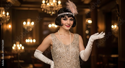 Elegant Flapper Girl in Vintage Dress with Feather Headband and Pearl Necklace
