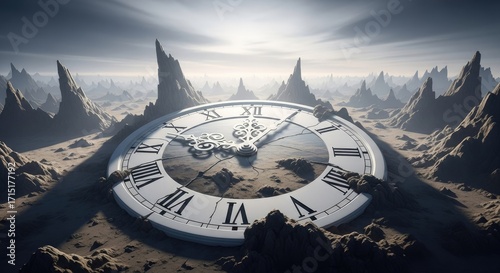 Surreal Landscape with Giant Clock and Jagged Mountains.