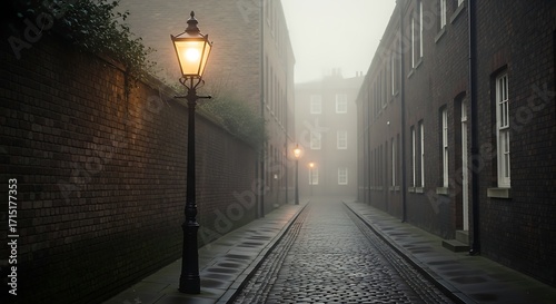 Foggy, narrow alleyway with old-fashioned gas lamps, dark brick buildings.