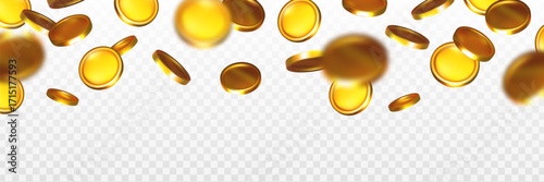 Shiny gold coins flying and spinning in mid-air with motion blur effect on transparent background, concept of wealth and success. Vector illustration