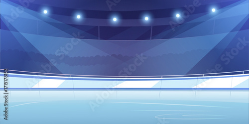 Indoor ice skating rink with glowing spotlights, cartoon style, audience in background, concept of winter sports and performance venue. Vector illustration