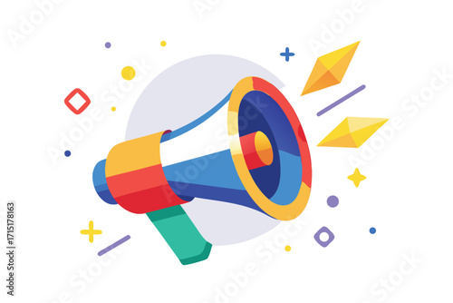 Colorful megaphone with abstract shapes and geometric elements bullhorn speaker