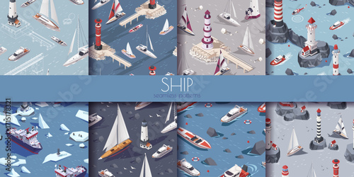 Collection of ship and lighthouse seamless patterns, stylized vector style, on various ocean-themed backgrounds. Concept of nautical design. Vector illustration