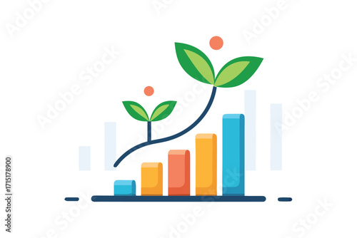 Growing Plant on Bar Chart with Orange Dots and Leaves Keywords: growth, chart, bar chart, plant, growing, leaves, business, finance, success