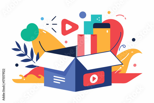 Open box filled with abstract shapes, play buttons, and plant elements package delivery