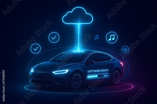 Futuristic Electric Car Cloud Software Update with Holographic Interface