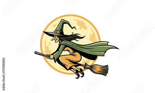 Cartoon Witch Flying on Broomstick in Front of Full Moon.