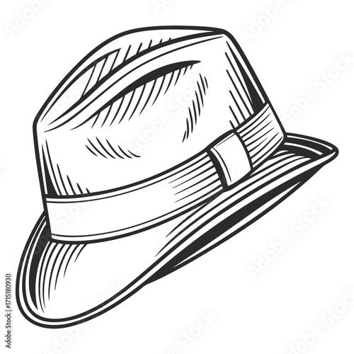 Vector art of monochrome drawing of a fedora hat with ribbon, vintage style, elegant