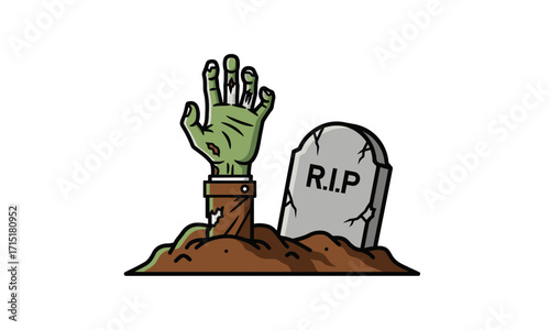 Cartoon Zombie Hand Emerging from Grave with Tombstone, R.I.P.