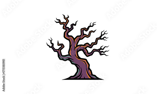 Cartoonish, gnarled, dead tree illustration with stylized branches.