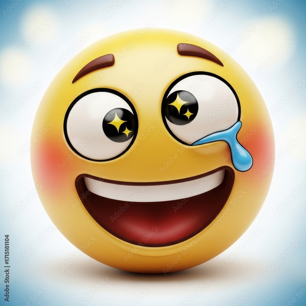 Fototapeta premium Expressive animated yellow emoticon face with tear and sparkle eyes expression