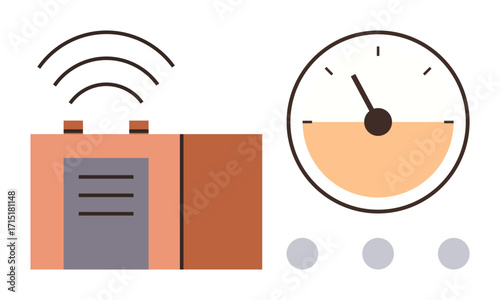 Smart device emitting wireless signals next to a speedometer gauge highlighting performance. Ideal for IoT, technology, speed, analytics, automation, data flow, wireless communication simple flat