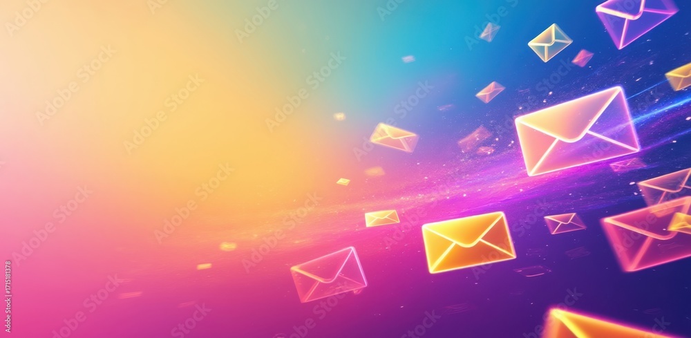 Fototapeta premium Digital mail envelopes flying through a vibrant gradient background