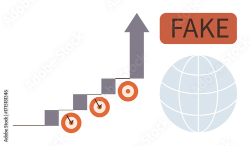 Staircase graph pointing upwards with bullseye targets, a Fake label, and a globe symbolizing misinformation, disinformation growth, and global challenges. Ideal for data manipulation, misinformation