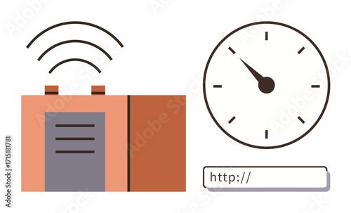 Router emitting wireless signals, analog clock showing speed emphasis, and a web address bar. Ideal for networking, communication, internet speed, web browsing, technology, online services and IT