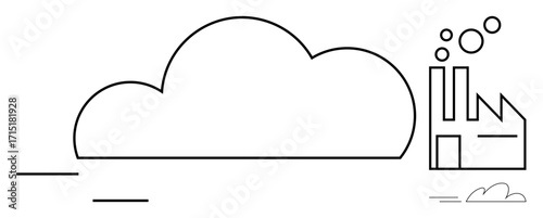 Factory emitting smoke, large cloud symbolizing air pollution. Ideal for industrial impact, climate change, ecosystem, sustainability, air quality, emission control clean energy themes. Simple flat