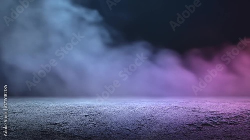 A dramatic, empty space lit by vibrant purple and blue neon lights.