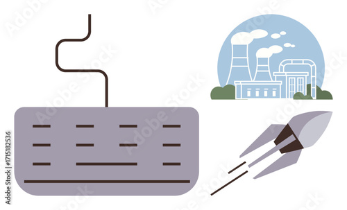 Computer keyboard, rocket launching, and industrial factory emitting smoke represent innovation, progress, and industrial revolution. Ideal for innovation, technology, industry, progress automation