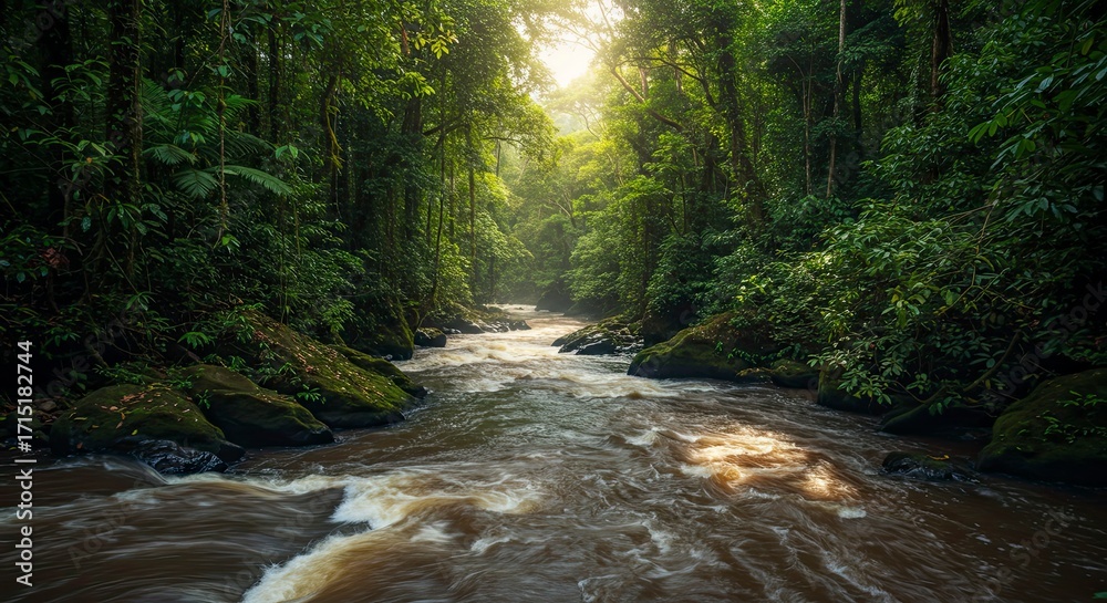 Obraz premium Lush Rainforest River: Sunlight Streaming Through Emerald Canopy, Mossy Rocks, and Rushing Water