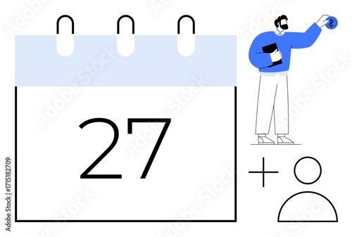 Large calendar displaying 27, person setting a reminder with a clock, user icon for adding members. Ideal for time planning, collaboration, appointments, events, organization, productivity simple