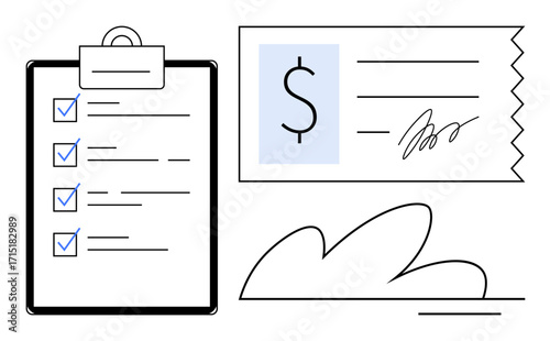 Checklist with blue checkmarks, a signed receipt, and abstract elements illustrating task completion, finance, productivity, or organization. Ideal for business, planning, money management