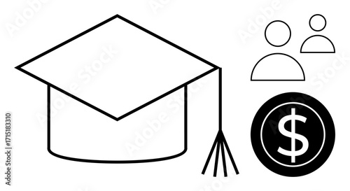 Graduation cap, dollar sign, and human figures emphasizing education, financial planning, and opportunity. Ideal for career growth, student aid, knowledge value, financial literacy empowerment