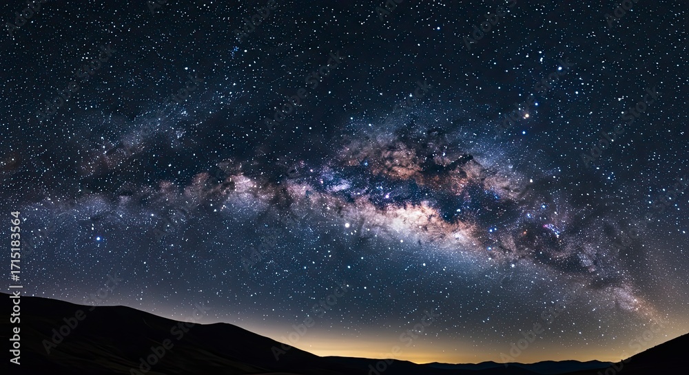 Fototapeta premium Majestic Milky Way Galaxy Over Dark Mountain Silhouette, Night Sky