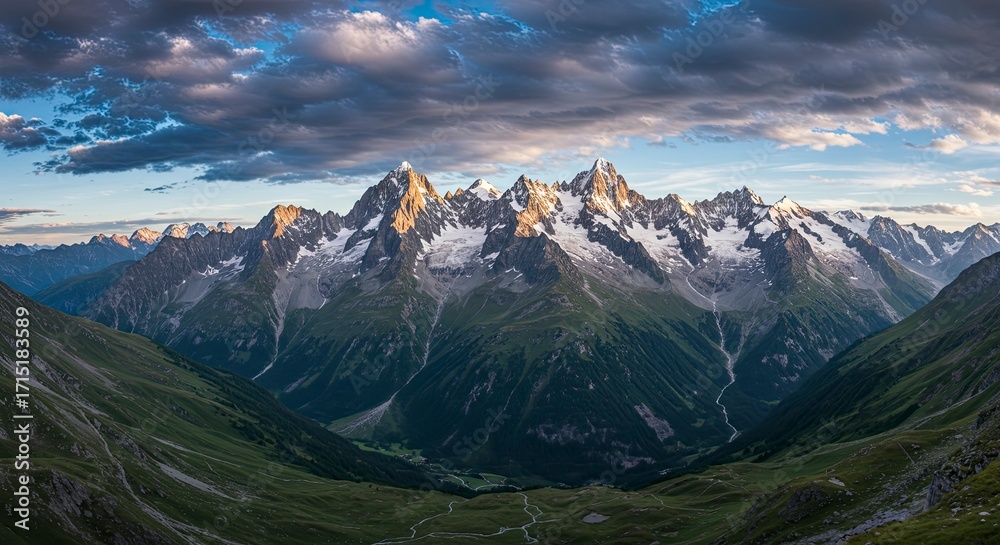 Naklejka premium Majestic Mont Blanc Range: Golden Hour Light on Snow-Capped Peaks and Verdant Valleys