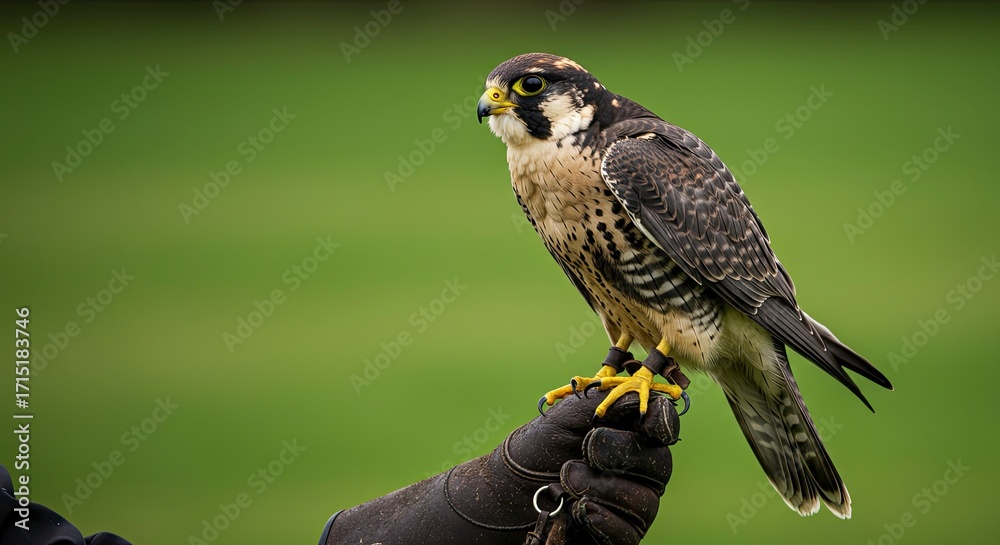 Fototapeta premium Majestic Peregrine Falcon Perched on Gloved Hand, Green Background.